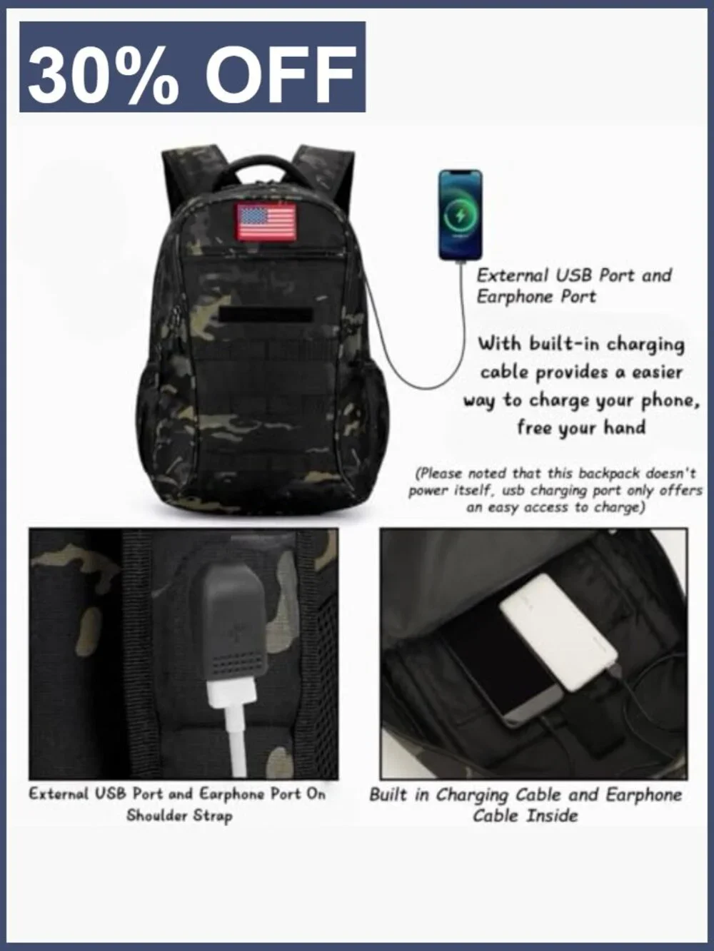 40L Tactical Military Style Backpack with USB Port, Fits 15.6